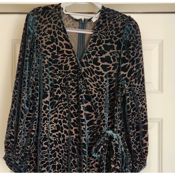 Calvin Klein Malachite Green Velvet Burnout Animal Print Faux Wrap Ruffle Dress - Picture 9 of 10